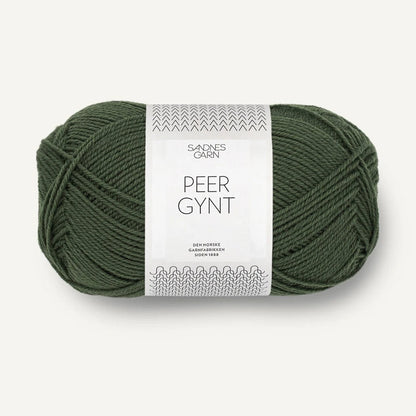 Green skein of Sandnes Garn
yarn with a label on a white background