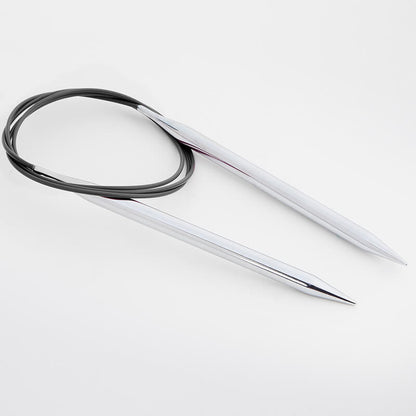 A pair of KnitPro Nova Fixed Circular Needles, featuring smooth join and shiny polished surface, lying on a white background.